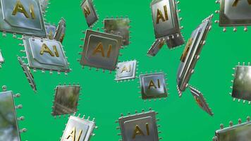 AI processor flying on green background. 3d technology illustration video