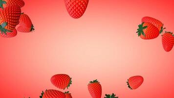 3D animation of falling strawberries with a red gradient background in vertical view video