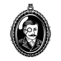 A Victorian cameo featuring a silhouette of a man with a monocle and mustache, framed in a minimalist oval design with a vintage patina vector
