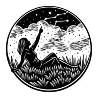 A silhouette of a woman lying on a grassy hill, pointing up at the sky, surrounded by the faint outline of constellations vector