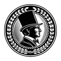 A timeless cameo silhouette of a gentleman in a top hat and bow tie, facing slightly left, encased in an intricately detailed oval frame with a laurel wreath design vector