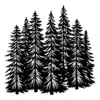 A dense grouping of black coniferous tree silhouettes with varied heights, featuring sharp, triangular shapes. vector