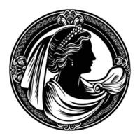 A silhouette of a regal woman with a tiara, draped in a flowing scarf, set in a highly detailed cameo frame inspired by the Rococo style vector