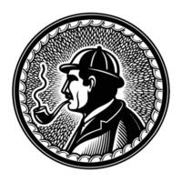 A detailed cameo silhouette of a man with a pipe, wearing a bowler hat, surrounded by a textured circular border vector