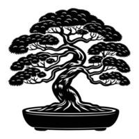 A miniature black silhouette of a bonsai tree with an intricately twisted trunk and meticulously shaped branches. The leaves are small and dense, forming a rounded canopy. vector