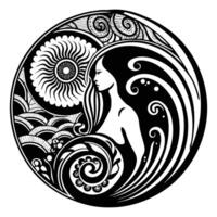 A silhouette of a woman with exaggerated, flowing curves, blending into abstract shapes and patterns around her vector