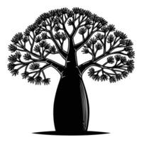 A striking black silhouette of a baobab tree with a thick, bottle-shaped trunk and sparse, spindly branches reaching upward. vector