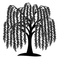 A graceful black silhouette of a willow tree with long, drooping branches that cascade downward like a curtain. vector