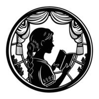 A cameo with a silhouette of a lady reading a book, her hair tied in a braid vector