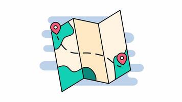 Pins on a geographic map curved like mountains. Pinning a location on a map with plane travel. Adventure, geography, mountaineering, hike and travel concept background. video