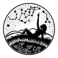 A silhouette of a woman lying on a grassy hill, pointing up at the sky, surrounded by the faint outline of constellations vector