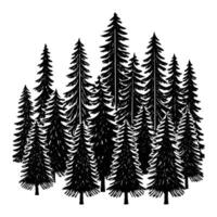 A dense grouping of black coniferous tree silhouettes with varied heights, featuring sharp, triangular shapes. vector