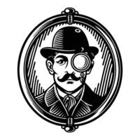 A Victorian cameo featuring a silhouette of a man with a monocle and mustache, framed in a minimalist oval design with a vintage patina vector