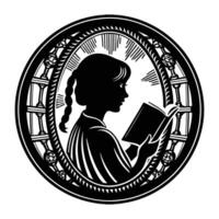 A cameo with a silhouette of a lady reading a book, her hair tied in a braid vector