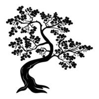 A delicate black silhouette of a cherry blossom tree with a twisting trunk and thin branches spreading outward. vector