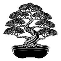 A miniature black silhouette of a bonsai tree with an intricately twisted trunk and meticulously shaped branches. The leaves are small and dense, forming a rounded canopy. vector