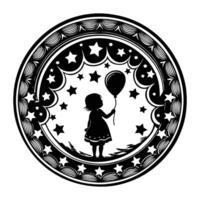 A silhouette cameo of a child holding a balloon, with soft contours and enclosed in a whimsical starry border vector