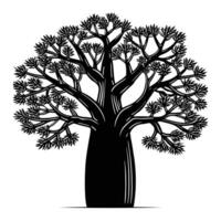 A striking black silhouette of a baobab tree with a thick, bottle-shaped trunk and sparse, spindly branches reaching upward. vector