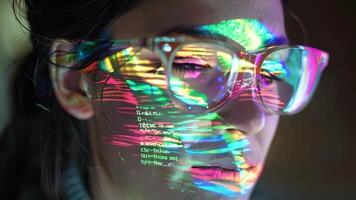 Close-up of a person wearing glasses with colorful reflections, symbolizing innovation and technology in a digital age. video