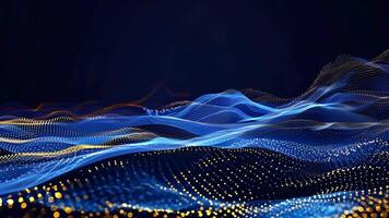 Abstract digital waves flow through a dark background, showcasing intricate lines and glowing dots in vibrant blue and gold colors. video