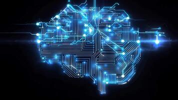 A futuristic representation of a digital brain with glowing circuits and data connections, symbolizing advanced technology and AI. video