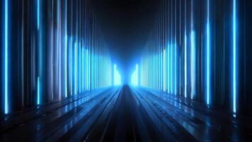 Futuristic corridor illuminated by glowing blue lights, creating an ethereal atmosphere and a stunning visual perspective. video