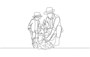 Continuous one line drawing of father and son planting tree together, learning to garden, planting tree to save the world concept, single line art vector