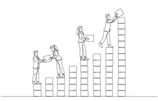 Continuous one line drawing of business team members arranging wooden cubes to form ascending bar chart, teamwork and cooperation for business growth concept, single line art vector