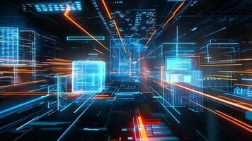 Futuristic digital landscape with vibrant neon lines, symbolizing speed and technology in a dynamic environment. video