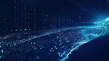 Dynamic blue light wave with digital particles illustrating technology and motion on a dark background. video