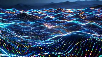 A mesmerizing digital landscape with vibrant waves of light and color, evoking a sense of depth and motion in a serene night scene. video