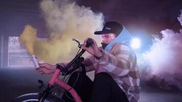 Dynamic and Energetic Urban Scene Featuring Smoke and a Bicycle in Full Motion and Style video