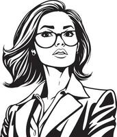 A woman in glasses and a suit is shown in black and white vector