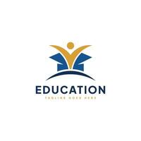 Education Logo Design with Graduation Cap Icon and Abstract People in Blue and Gold Color vector