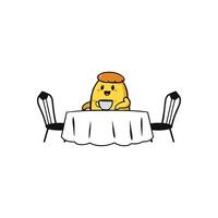 Happy Pudding Character Drinking Tea at a Table with Chairs Whimsical Art vector