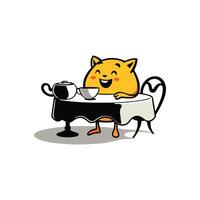 Cute Pudding Character Enjoying Tea at a Table with Chairs Cartoon Style Illustration vector