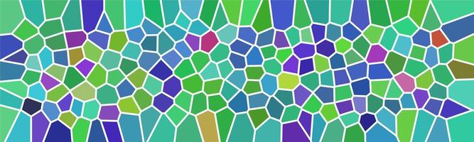 Vibrant mosaic pattern with irregular geometric shapes in shades of green, blue, and purple, creating a colorful and artistic stained-glass effect. vector