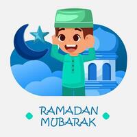 Ramadan kareem greeting card, moslem boy adzan with mosque background vector