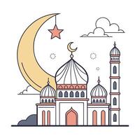 A stylized illustration of a mosque nestled within a crescent moon vector