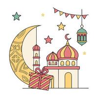 This charming illustration depicts a mosque nestled on a hilltop, bathed in a soft, pastel palette. vector