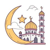 A simple, stylized illustration of a mosque nestled beneath a crescent moon, with a star. vector