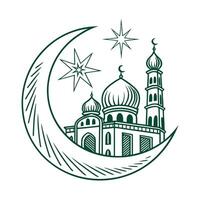 A charming, stylized illustration of a mosque, crescent moon icon vector