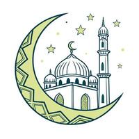 illustration of a mosque nestled beneath a crescent moon, with a star. vector