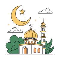 A serene illustration of a mosque under a crescent moon and stars. vector