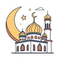 A simple, stylized illustration of a mosque at night, featuring a crescent moon and stars. vector