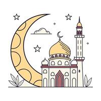 A charming, stylized illustration of a mosque at night, nestled under a crescent moon. vector