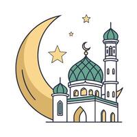 This charming illustration depicts a mosque nestled on a hilltop, bathed in a soft, pastel palette. vector