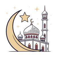 A charming, stylized illustration of a mosque at night, nestled under a crescent moon. vector