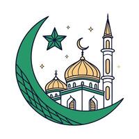 A simple, stylized illustration of a mosque at night, featuring a crescent moon and stars. vector