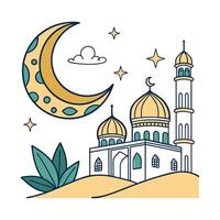 This stylized graphic showcases a mosque, crescent moon, and star, set against a white background. vector